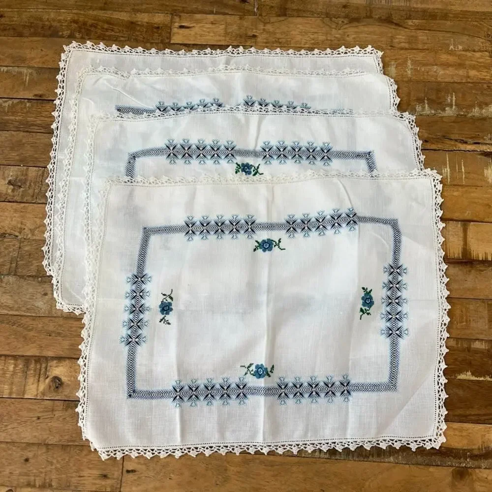 White Cotton Napkin Set (4) Handmade Blue Cross-Stitch Floral Crochet Border
